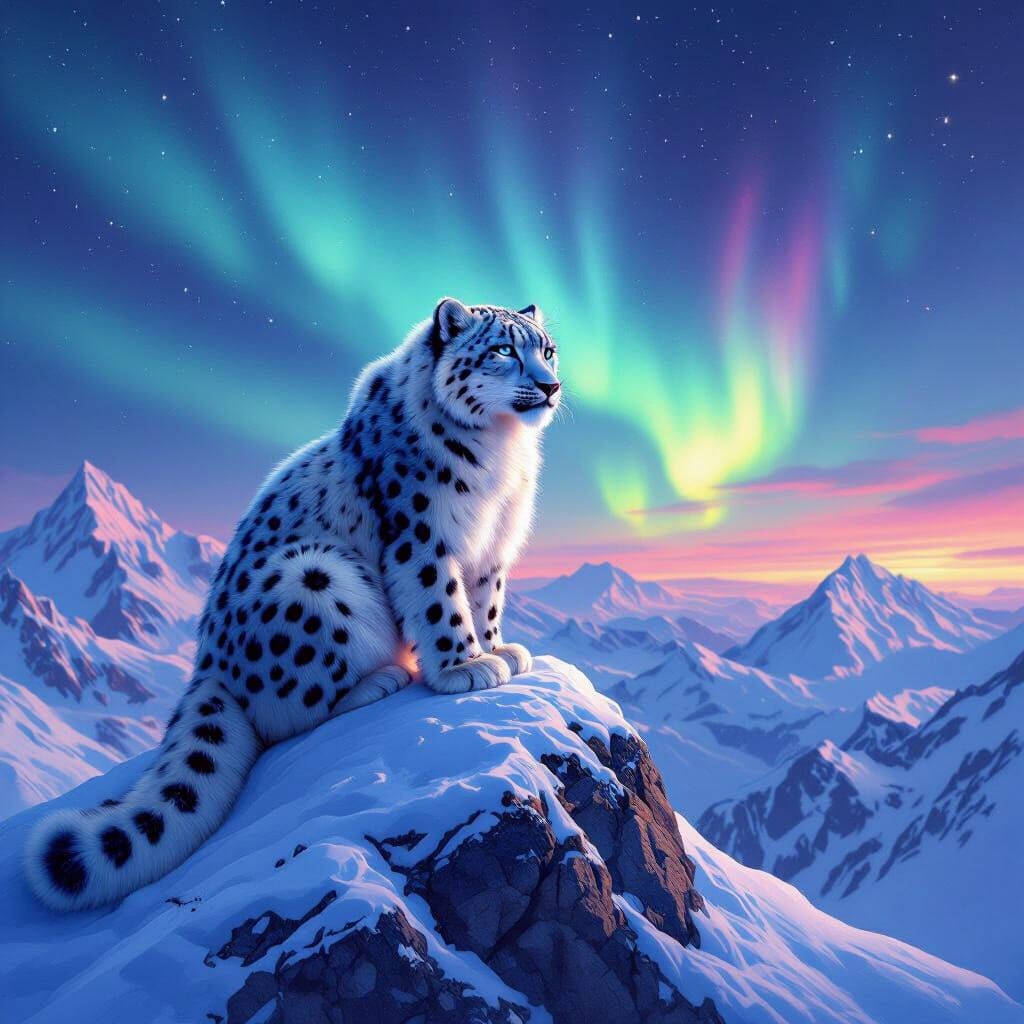 Snow Leopard Aurora: Hyperrealistic Wildlife Art