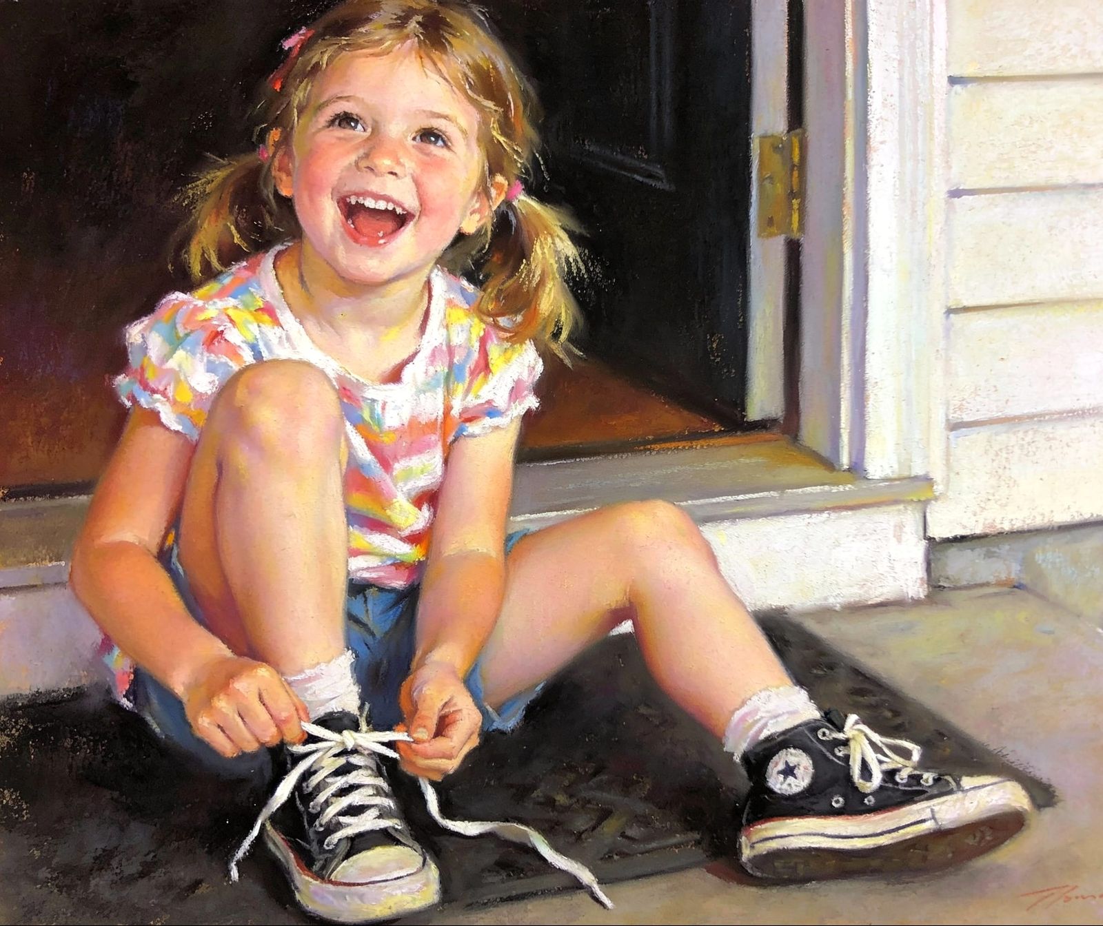 Ecstatic Daughter Ties Shoelace in Soft Pastel Painting