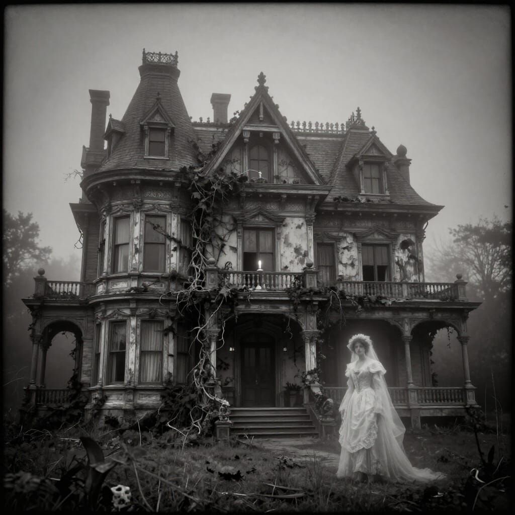 Haunted Gothic Mansion in Fog with Ghostly Figure