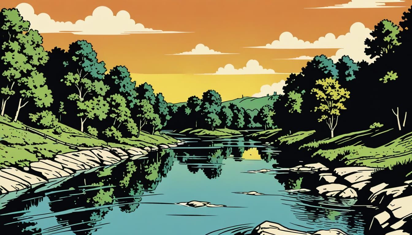 Vintage River Scene in Retro Comic Book Style