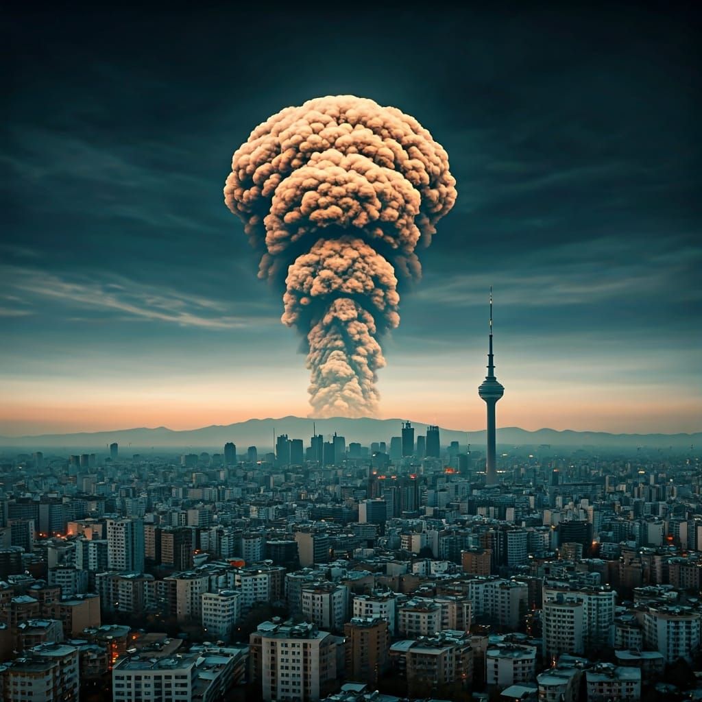 Tehran Dusk: Mushroom Cloud in a Dramatic Cityscape