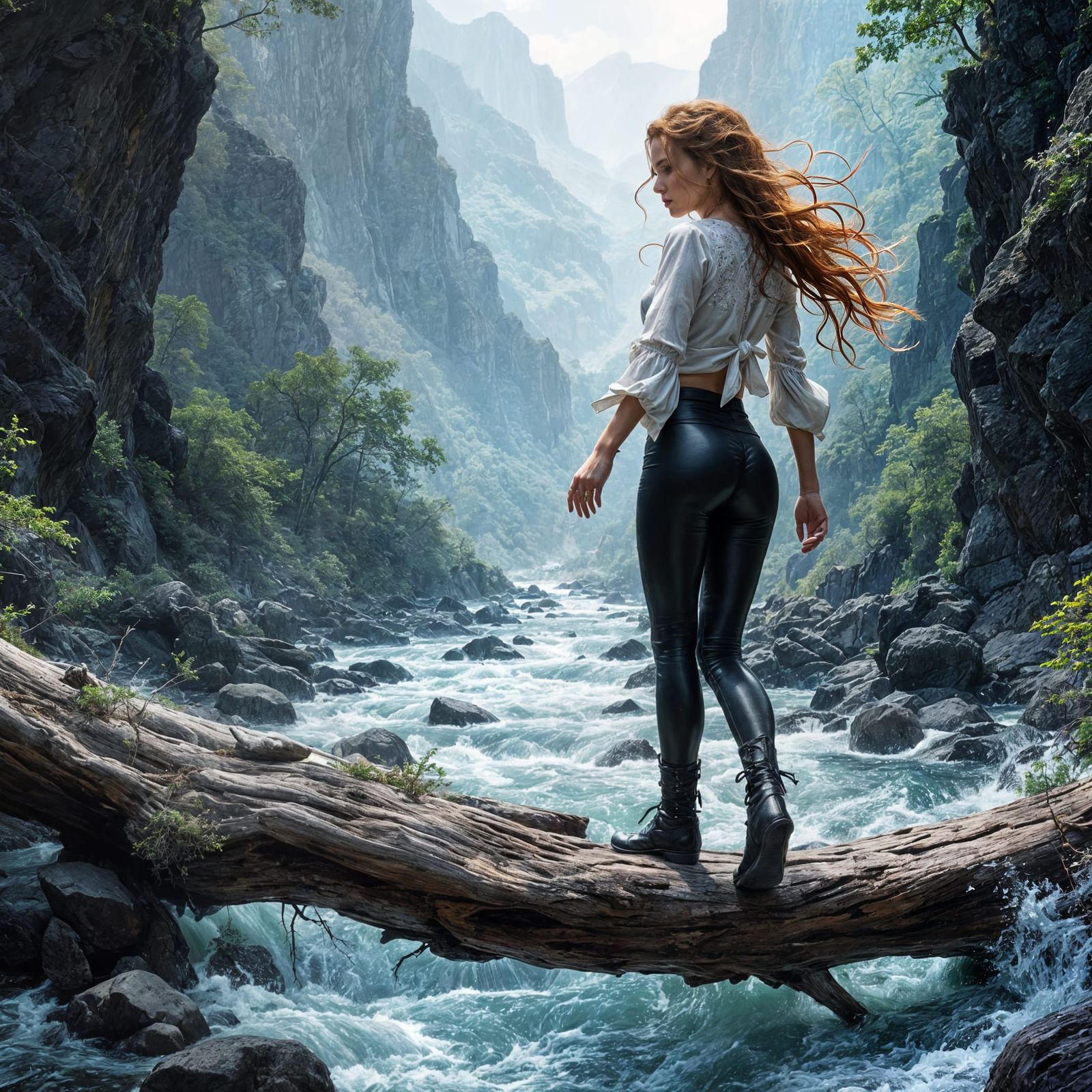 Fantasy Adventurer Crossing River in Fairytale Landscape