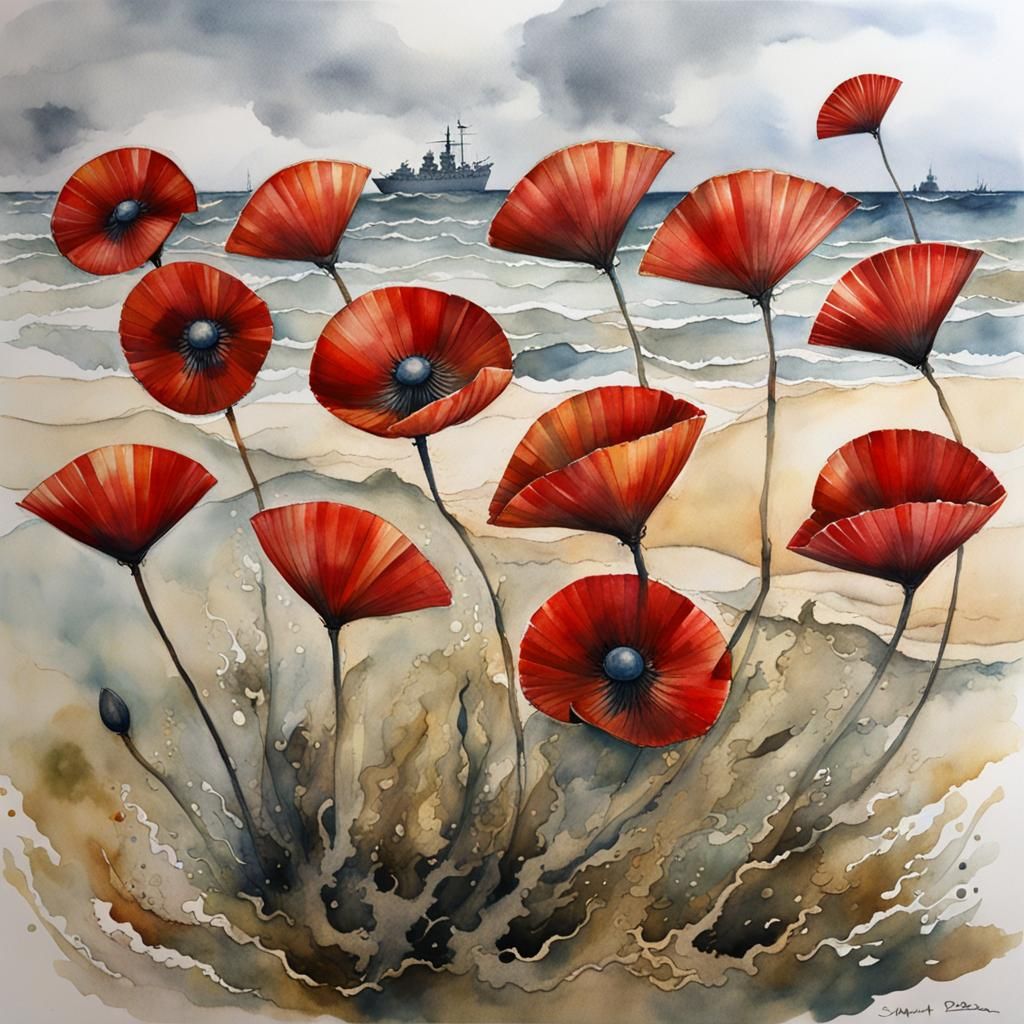 D-Day Landings Double Exposure in Watercolor Style