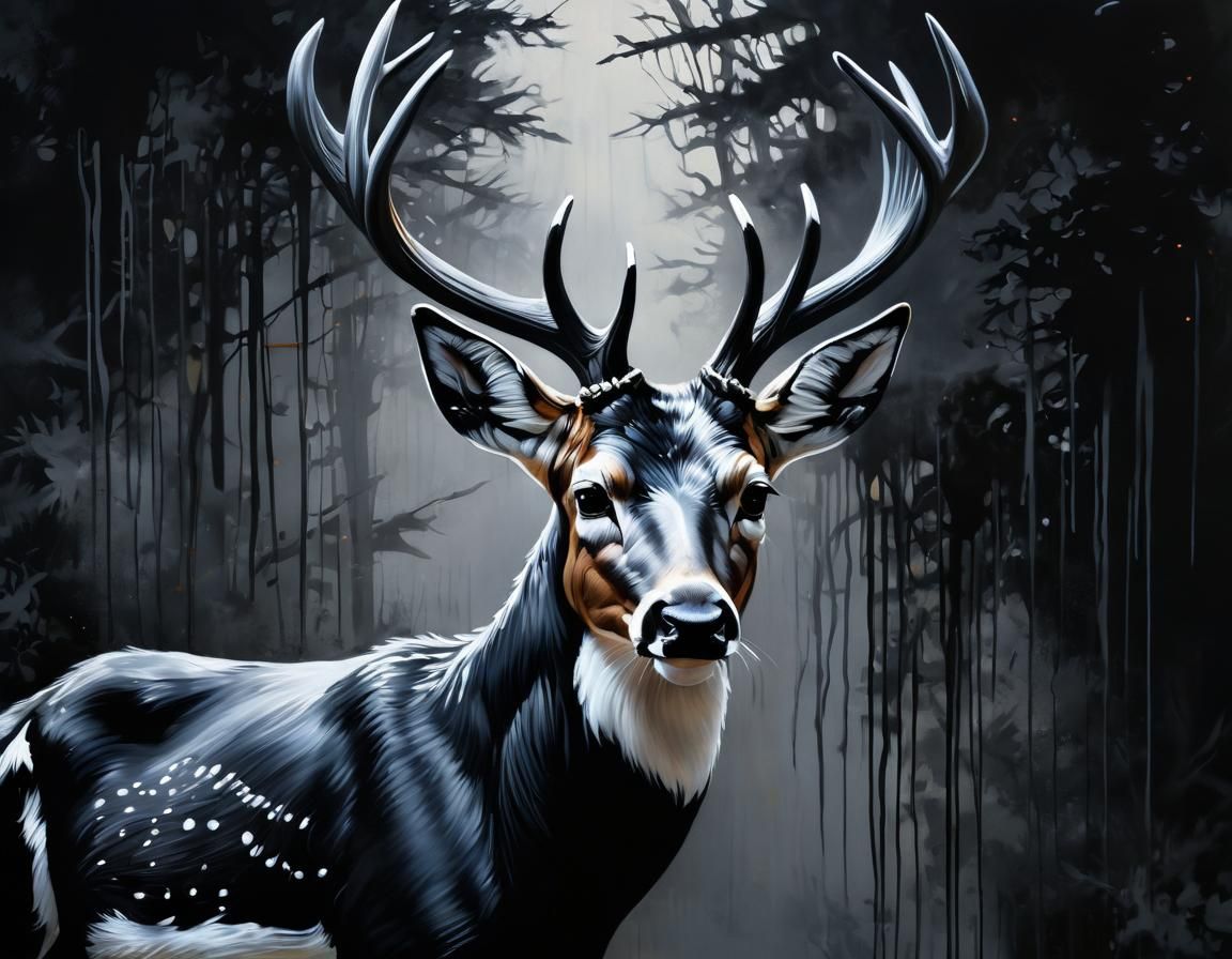 Black Deer Painting with Silver Highlights in Grunge Style
