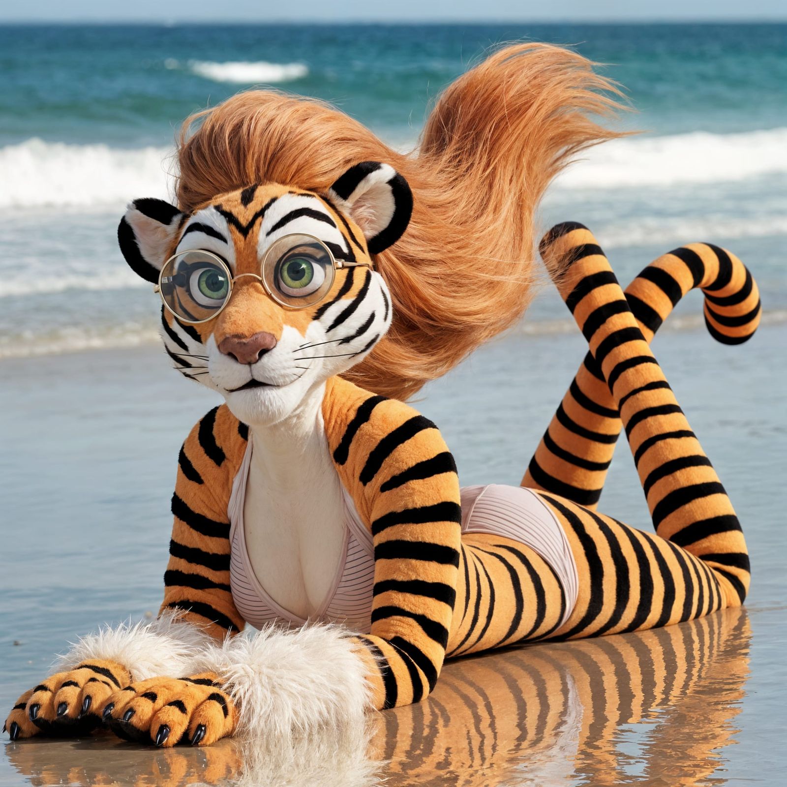 Anthropomorphic Tigress on Beach Vacation