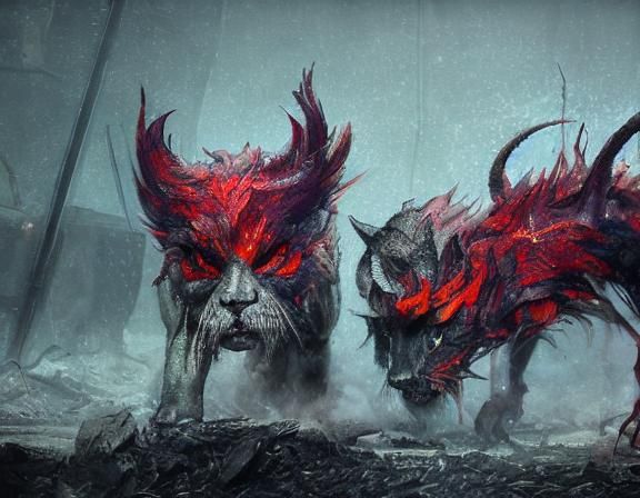 Demonic Cat and Hellhound Battle in Apocalyptic City