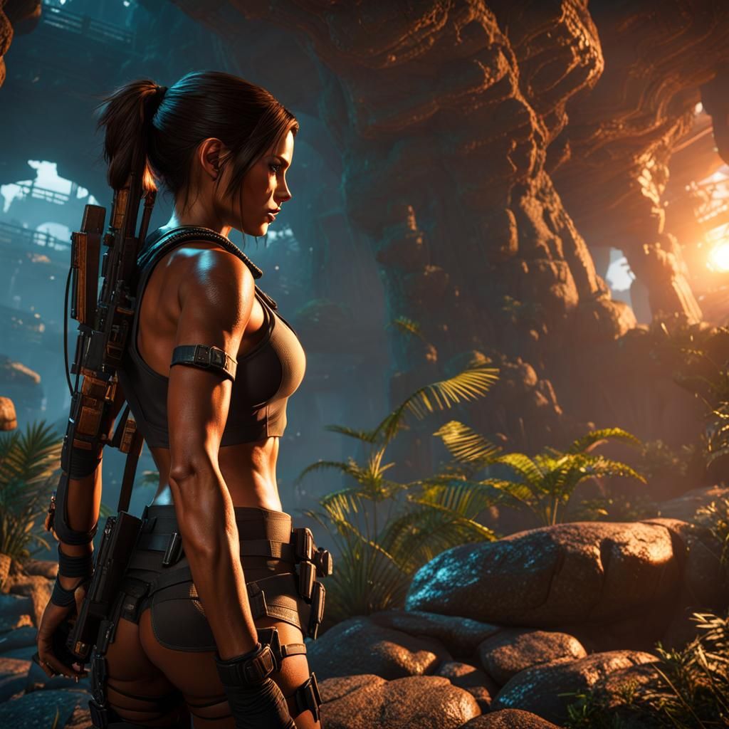 Lara Croft in Cyberpunk Alien World, 3D Render