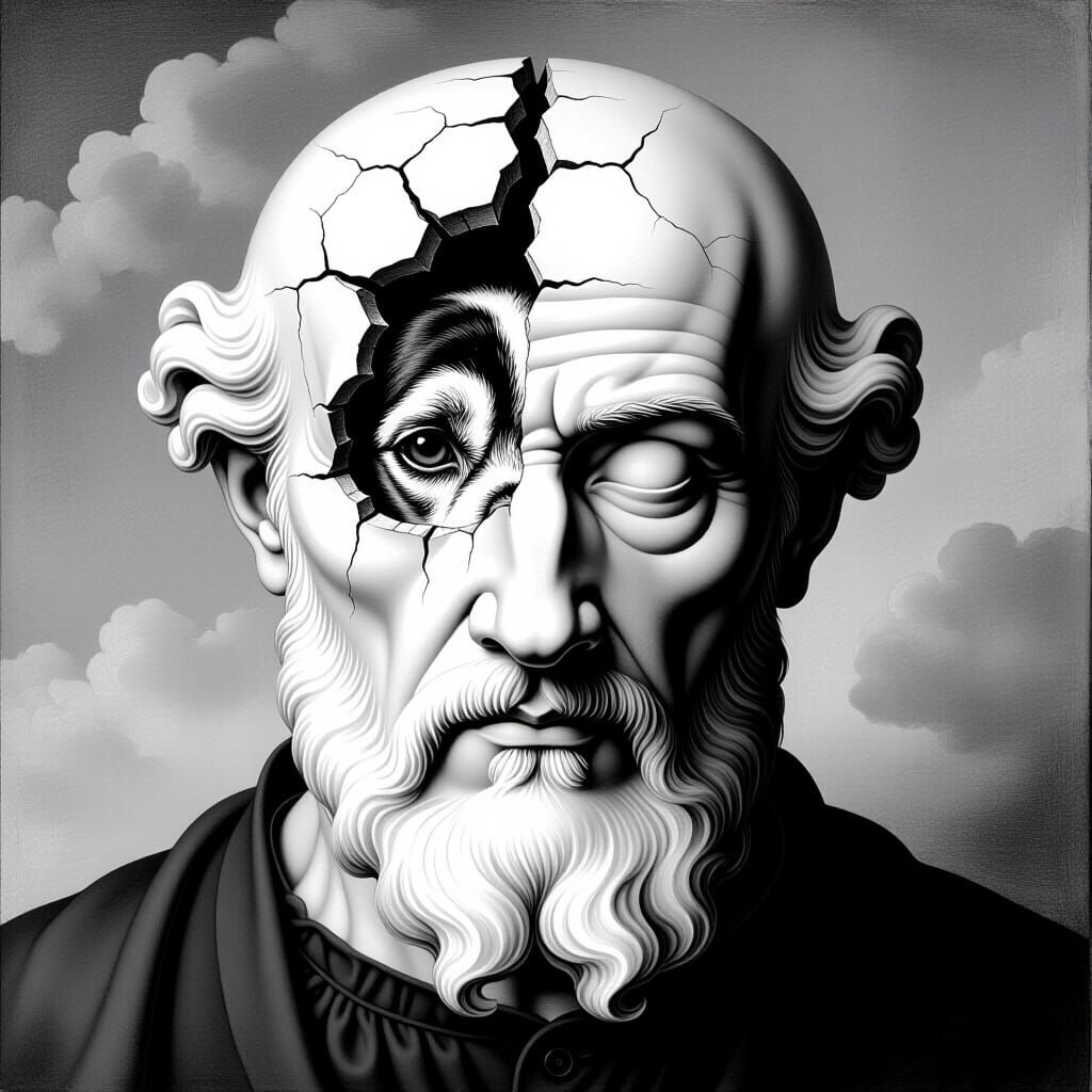 Philosopher's Head Cracked Open, Surreal B&W Portrait