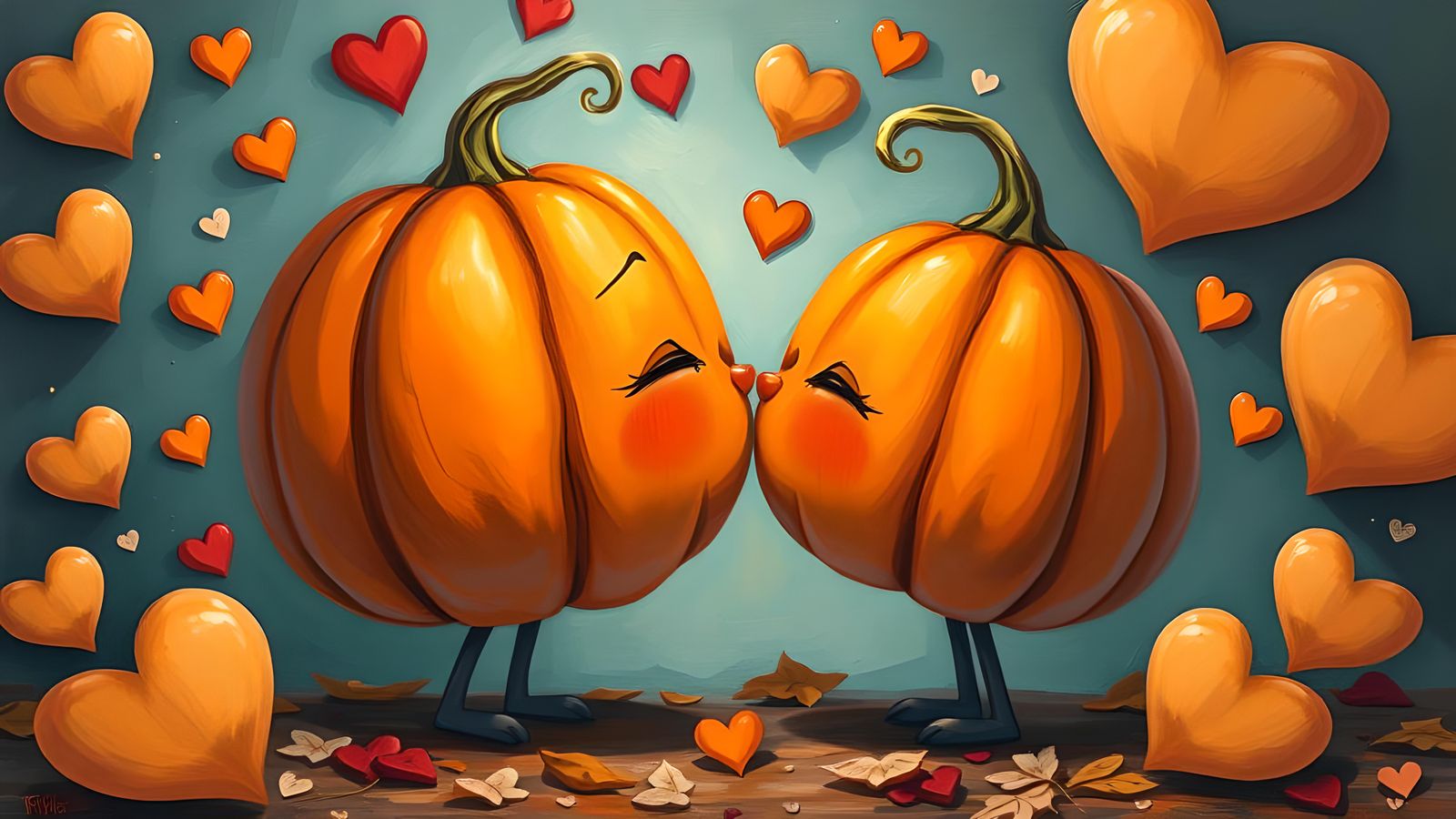 Kissing Cartoon Pumpkins Oil Painting
