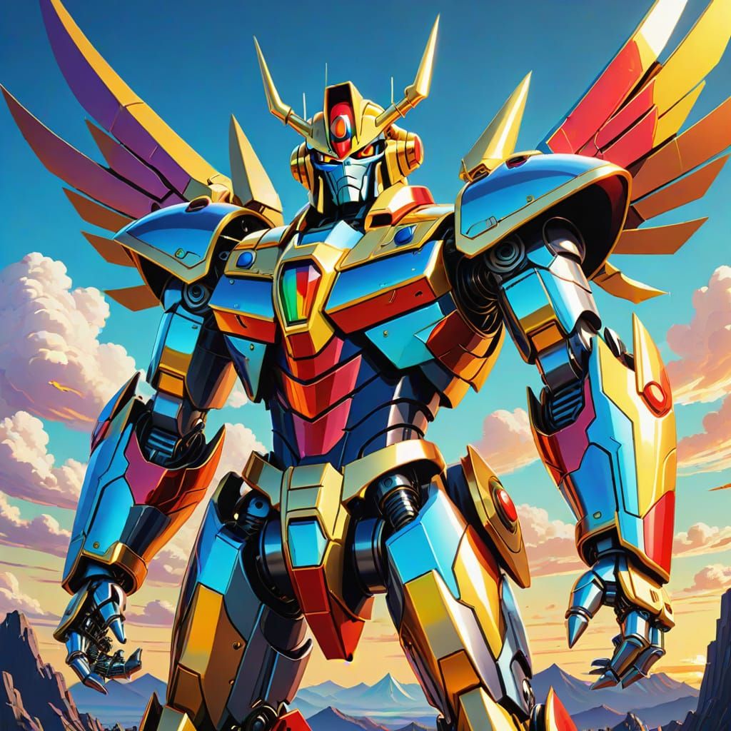 Retro-Futuristic Golden Dragon Robot in Heroic Pose