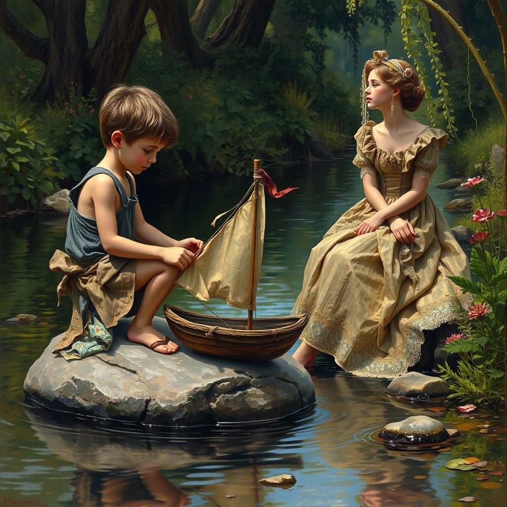 Boy and Girl by Creek, Realism Style