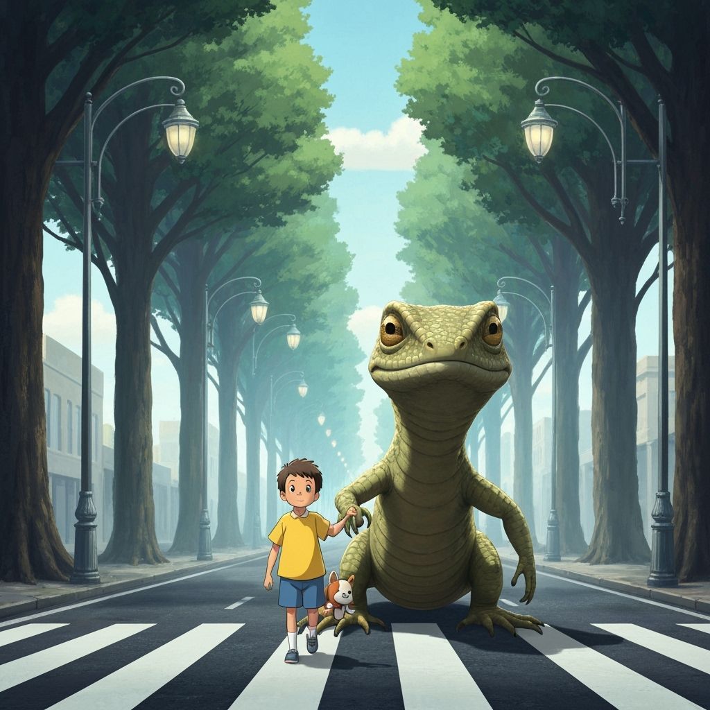 Boy and Giant Lizard Crossing Street, Whimsical Art