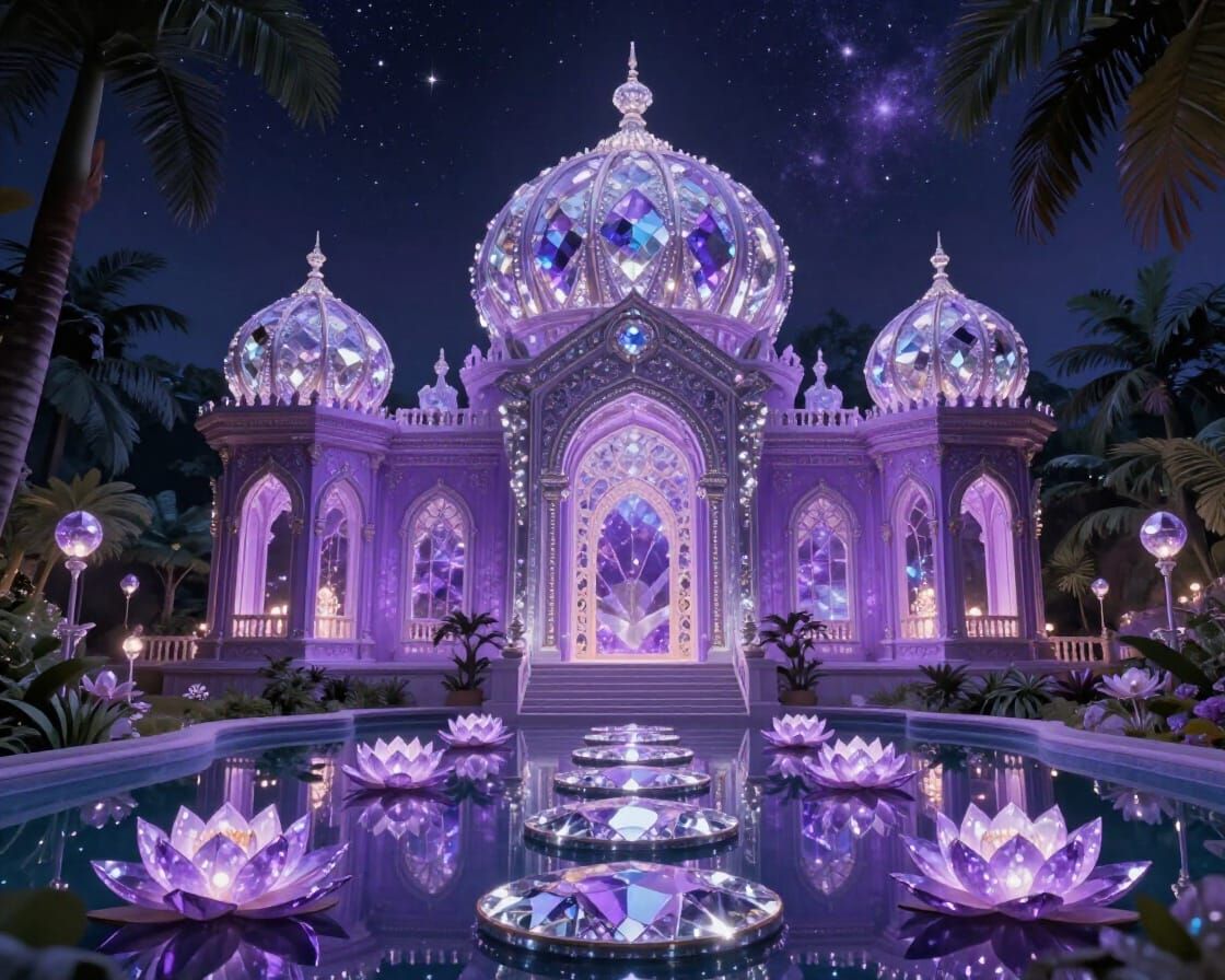 Shimmering Crystal Palace Under Starry Night Sky