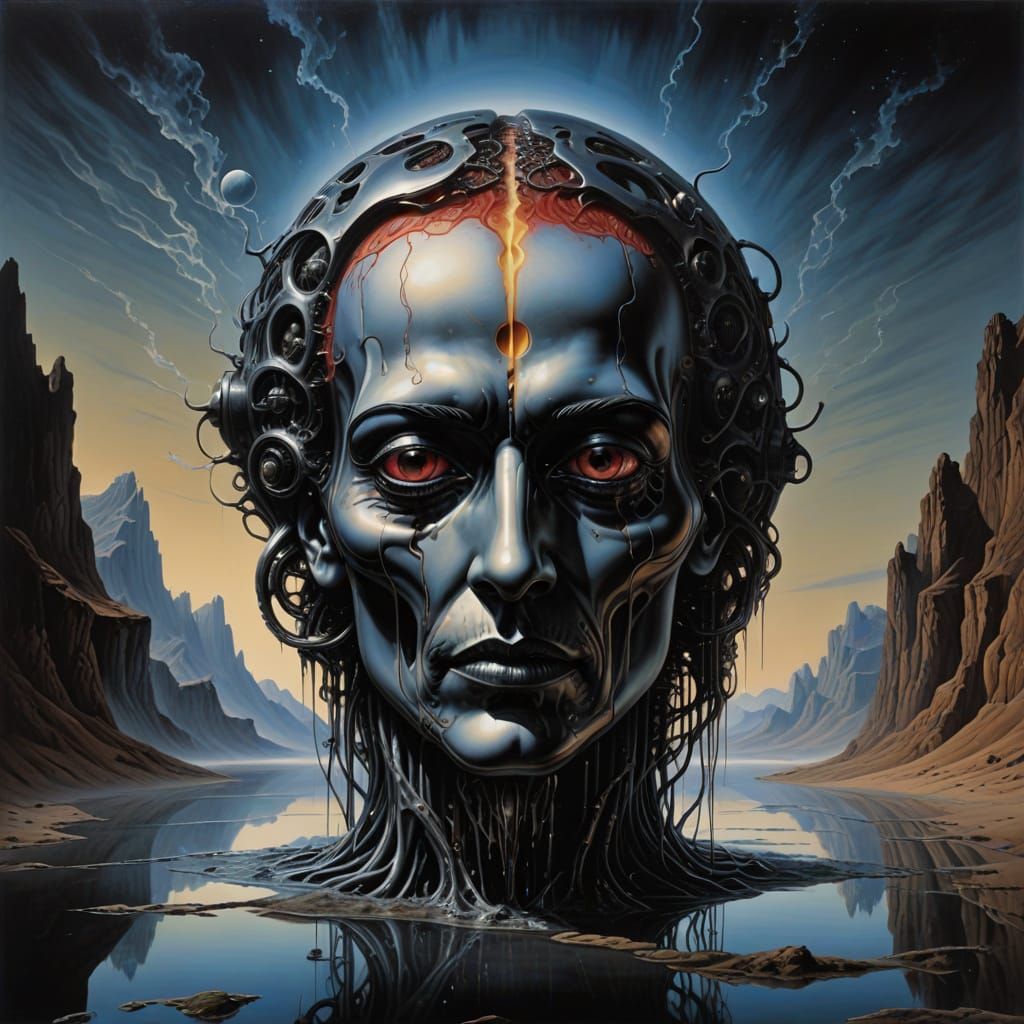 Surreal Moonlit Landscape in Cyberpunk Aesthetic