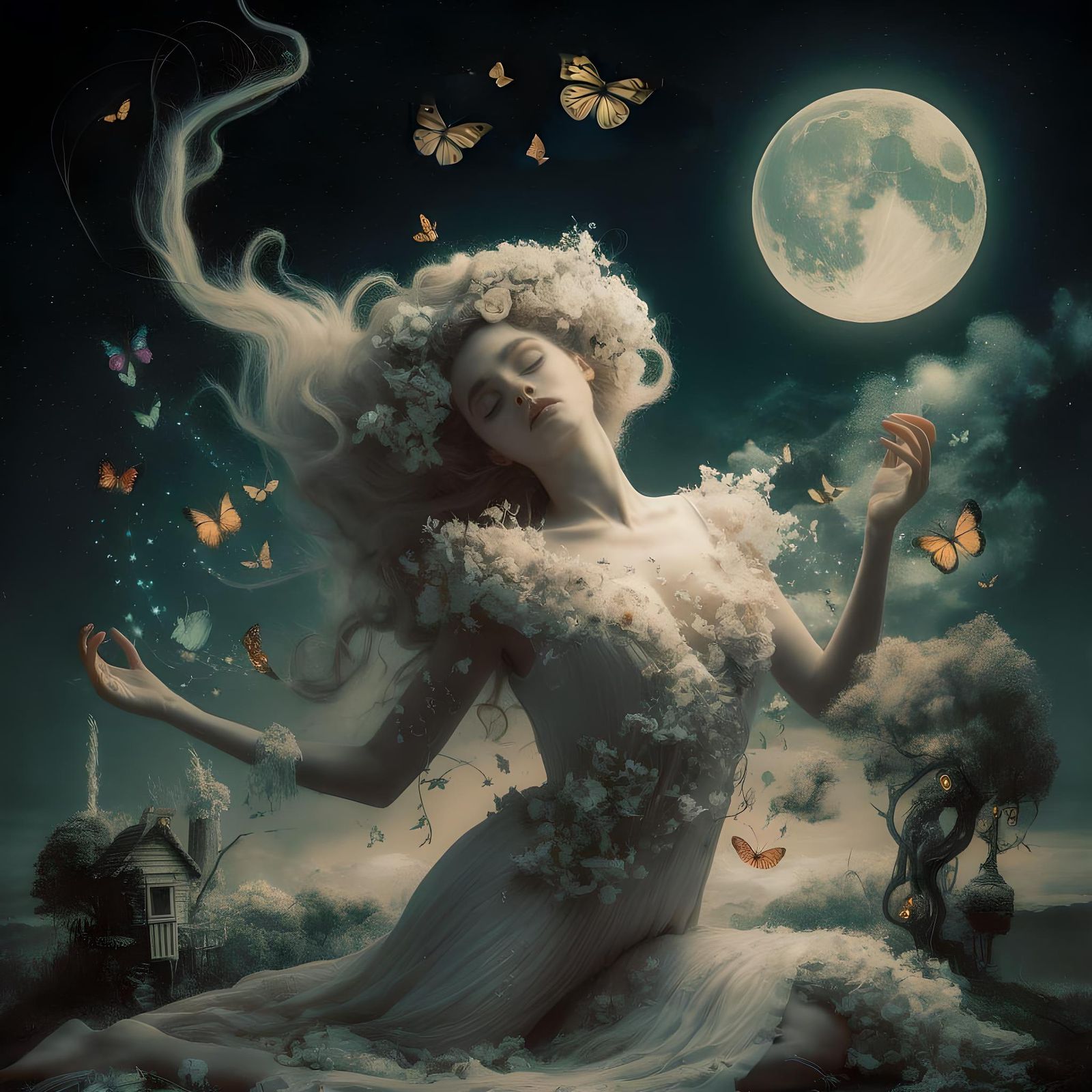 Dreamy Midnight Portrait with Enchanting Creatures
