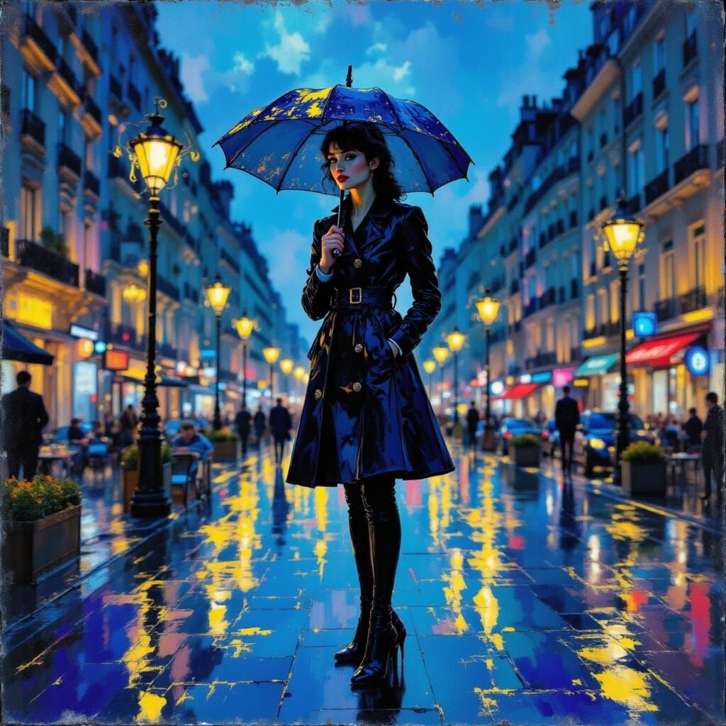 Paris Rain Silhouette in Neon Glow