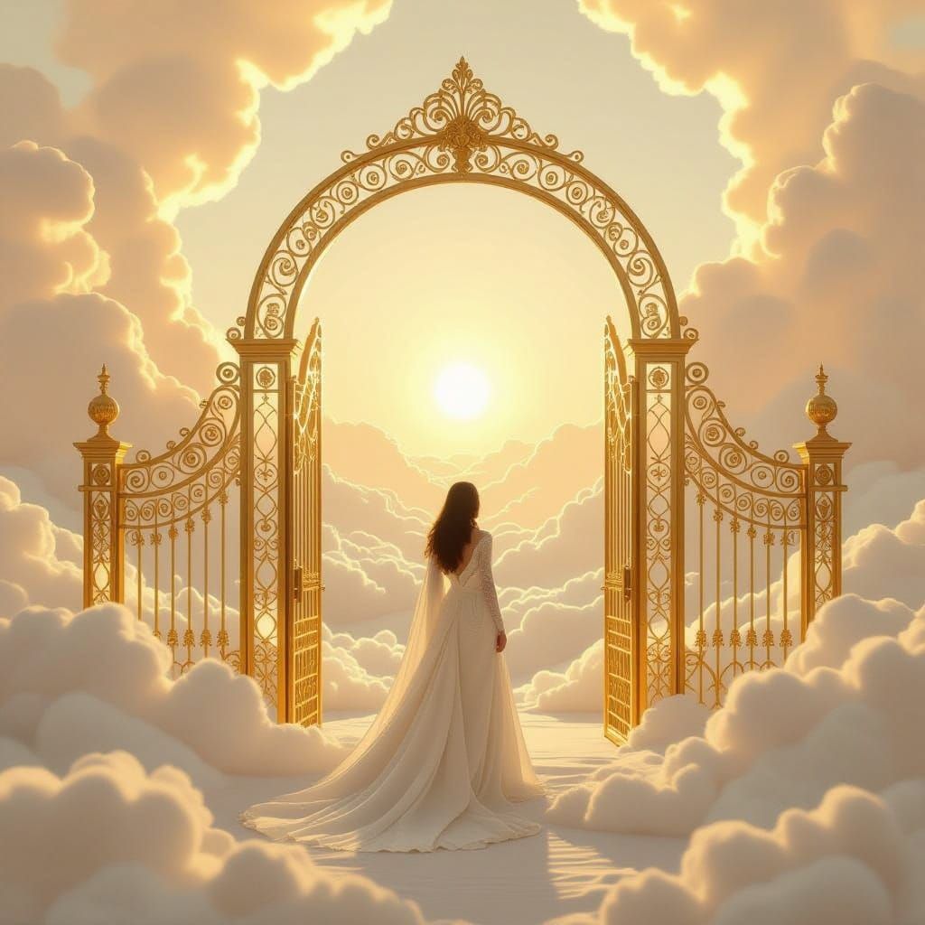 Ethereal Regal Being Stands Before Shimmering Golden Gates i...