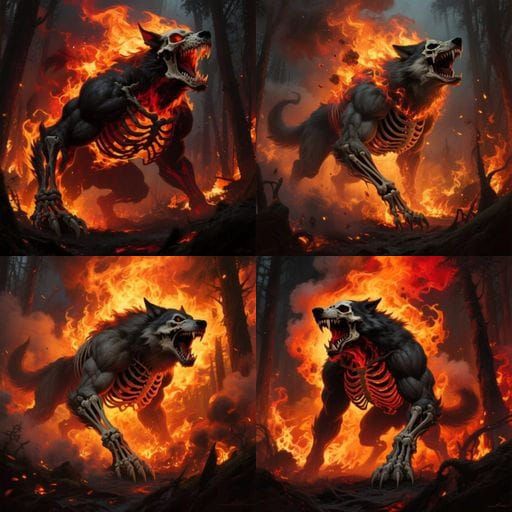 Muscular Hellhound Growling Amidst Forest Fire