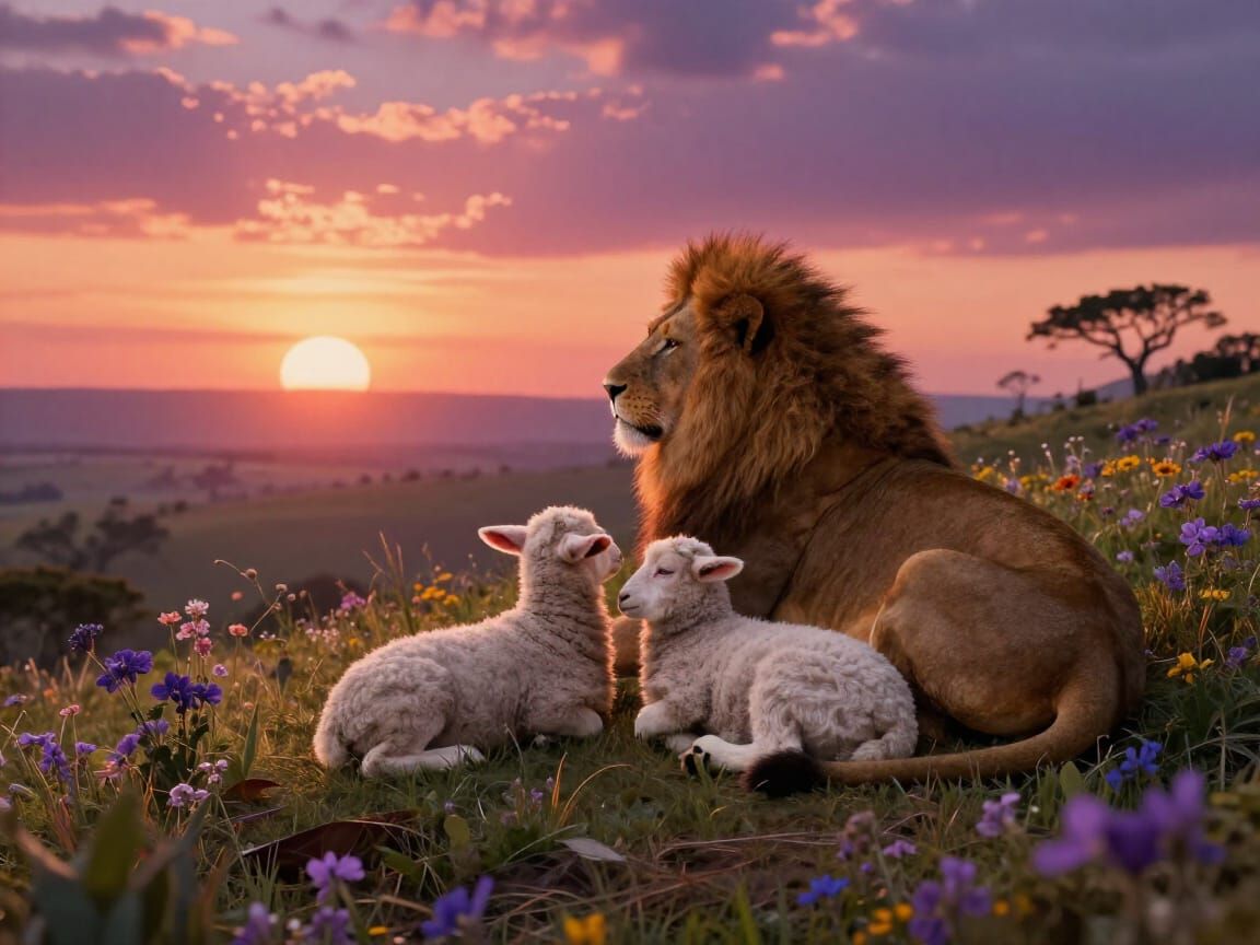 Lion and Lamb Embrace Vibrant Sunset