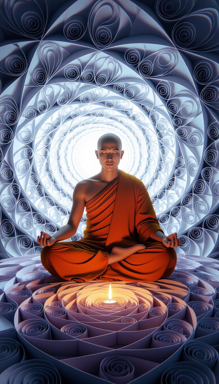 Meditating Monk in Mandala Vortex with Soft Lighting