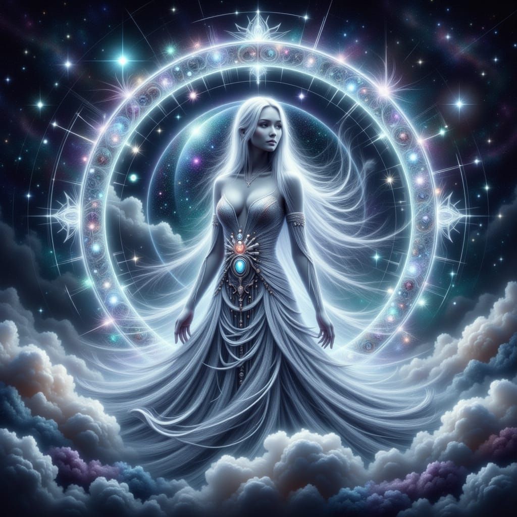 Ethereal Mystic of the Silver Zodiac in Dreamy Night Sky