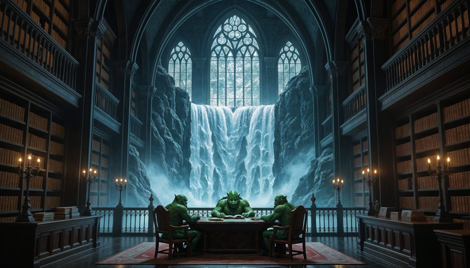 Gothic Library Waterfall in Magical Realism