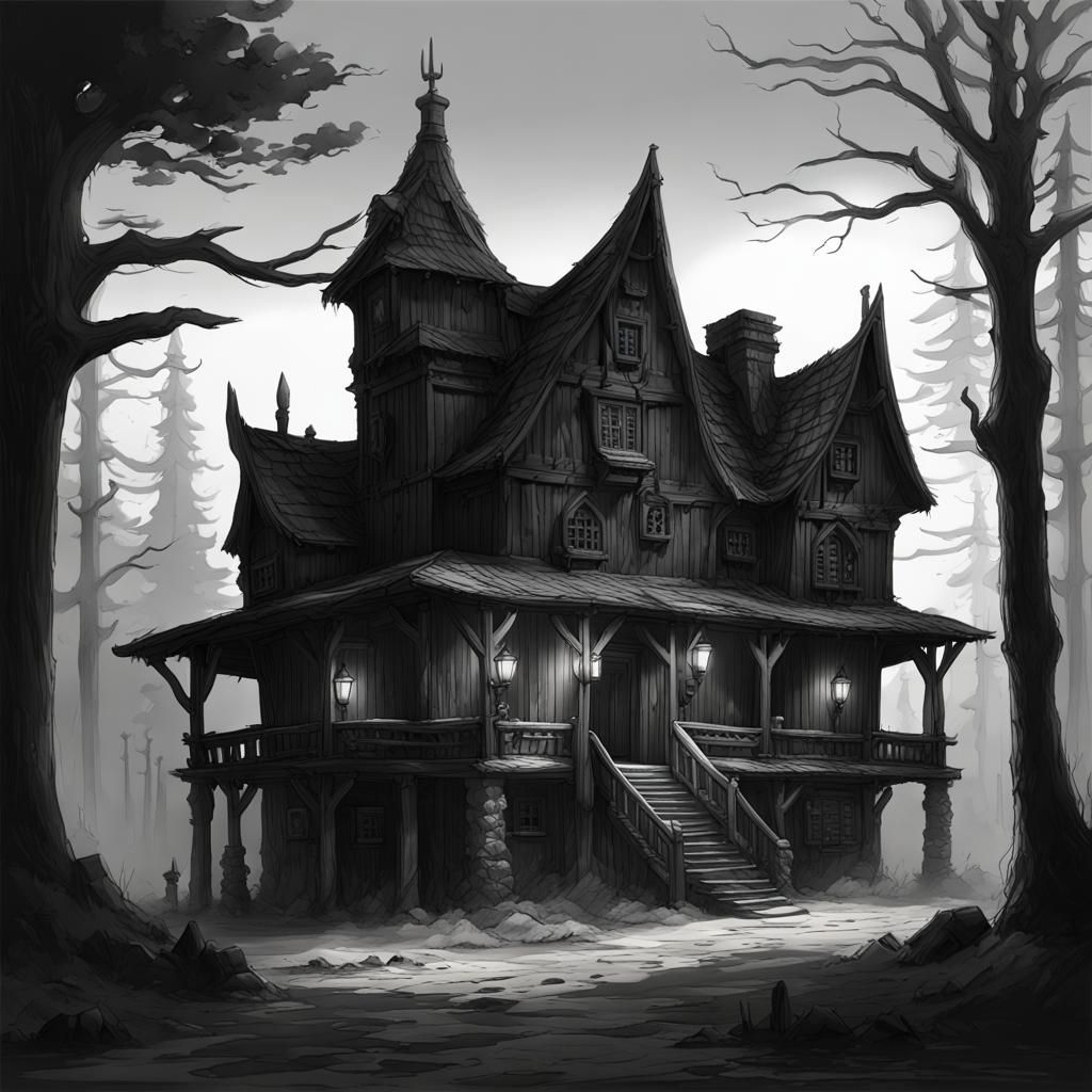 Eerie Roadside Inn: Black and White Fantasy Art