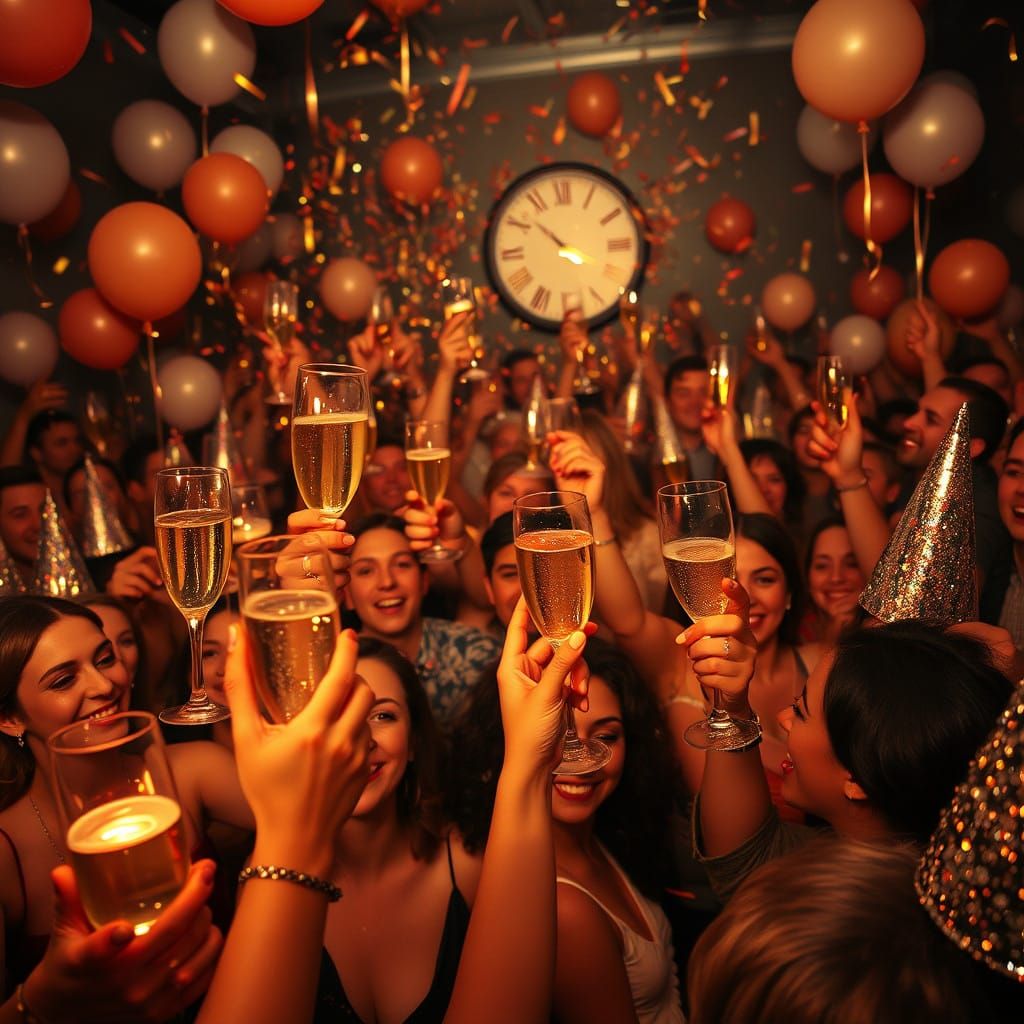Midnight Countdown Celebration in Vibrant Cinematic Style