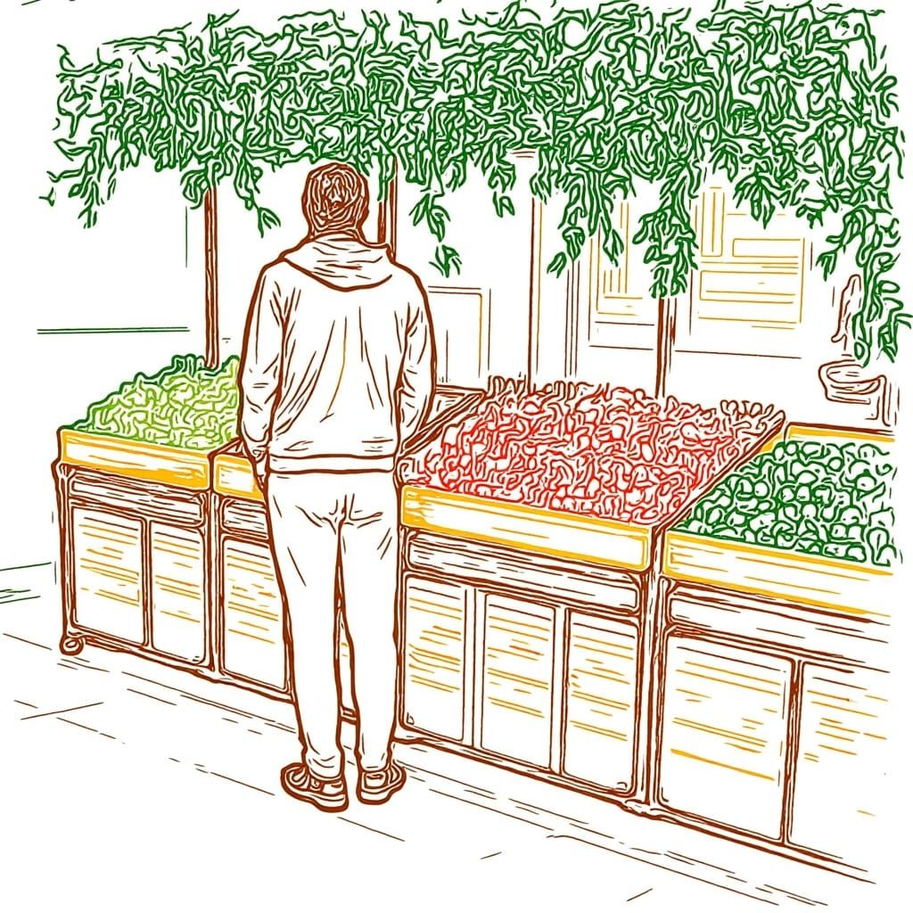 Pencil Sketch of Person at Fruit Stand in Doré Style