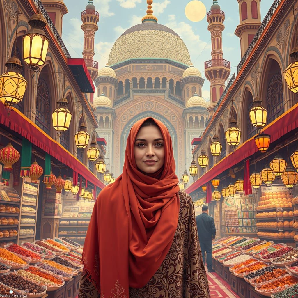 Egyptian Ramadan Market Scene in Vibrant Islamic Art Style
