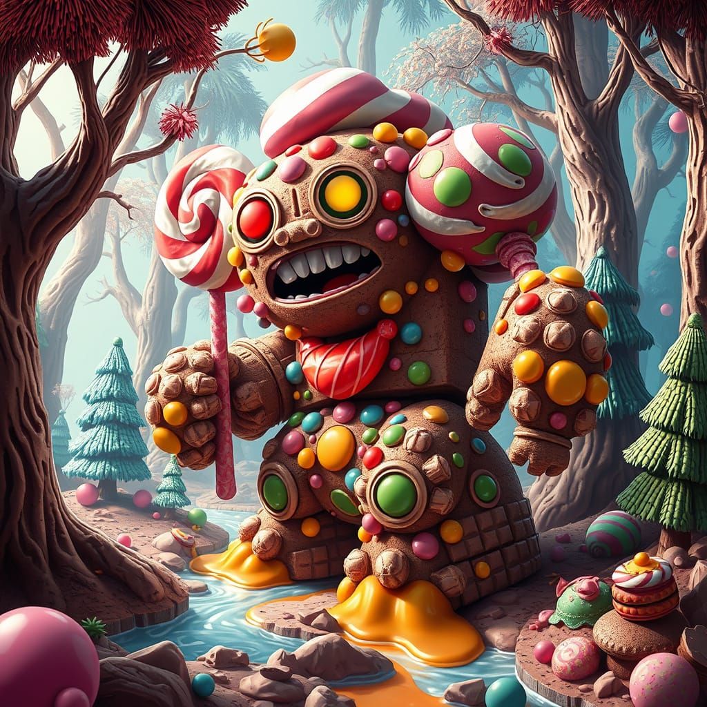 Surreal Candy Golem Wanders Through Vibrant Candyland Forest