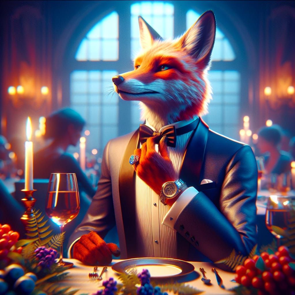 Anthropomorphic Fox in Tuxedo at Fantasy Dinner Party