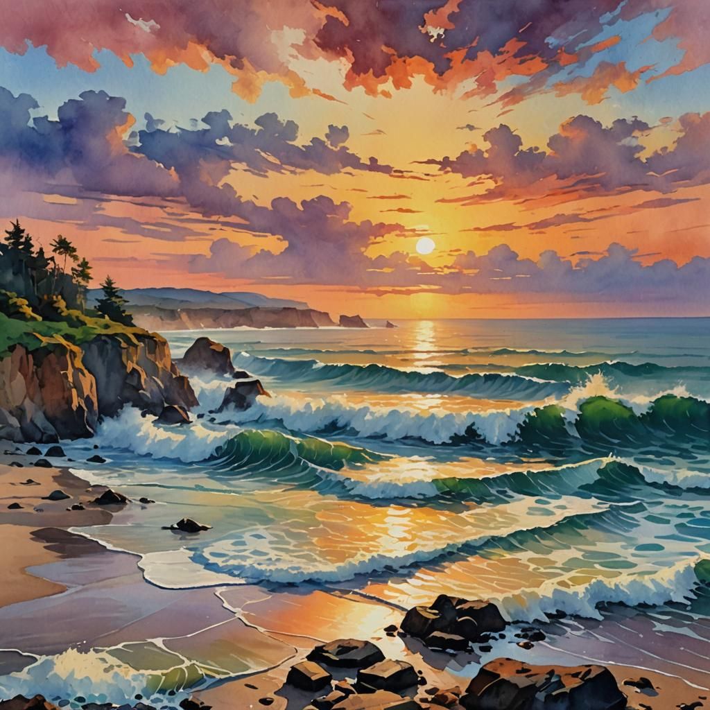 Coastal Sunset in Gouache Watercolor Style