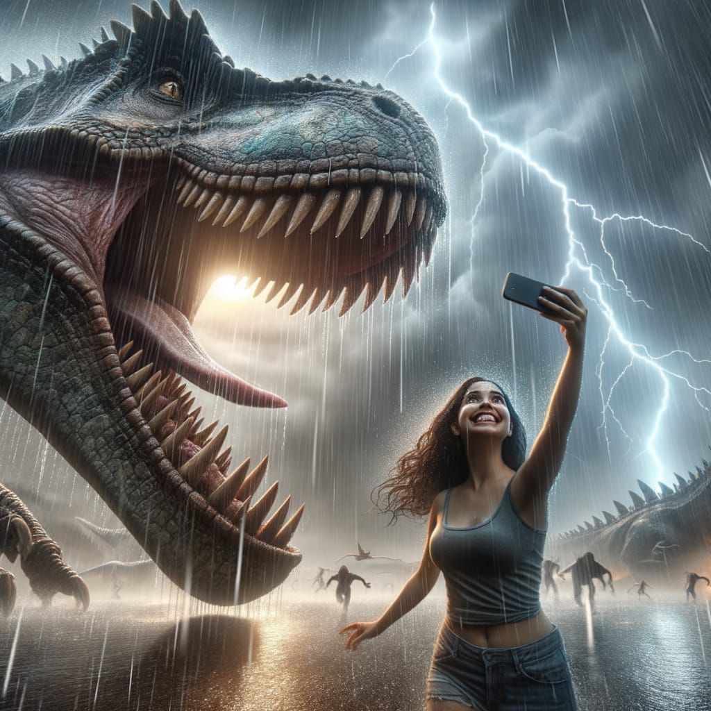 Selfie with Dinosaur in Lightning Storm