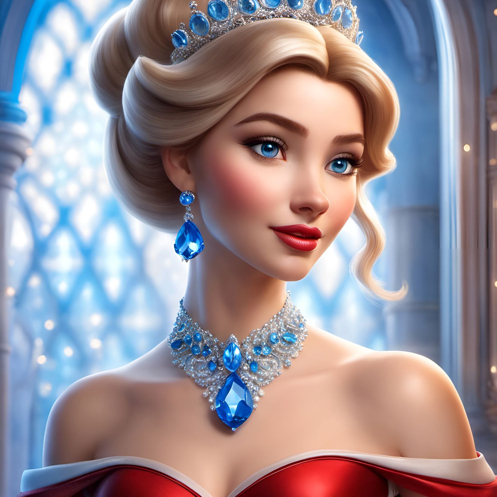 Gorgeous Princess with Blue Jewels and Red Lipstick