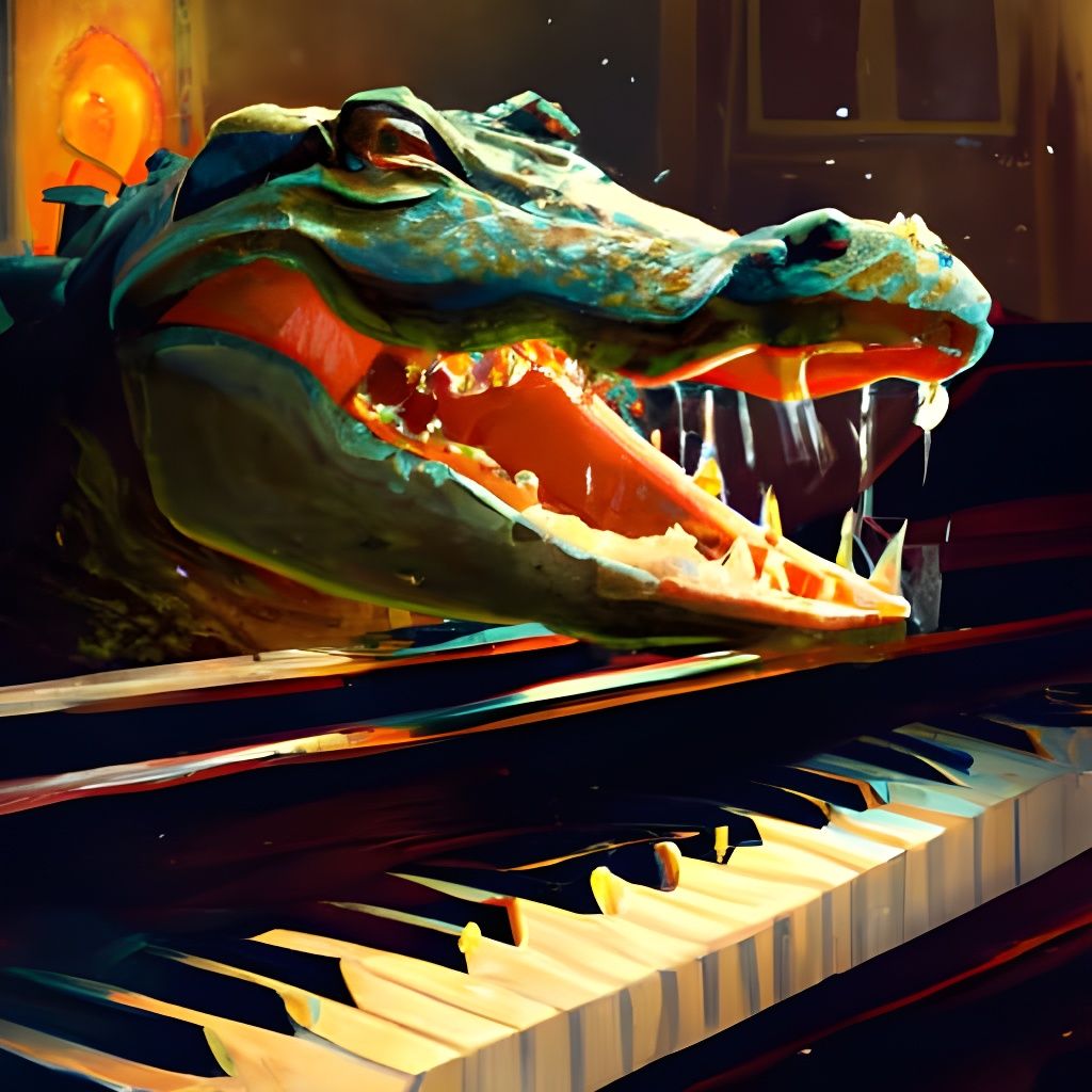 Crocodile's Piano Serenade: Hyperdetailed Concept Art