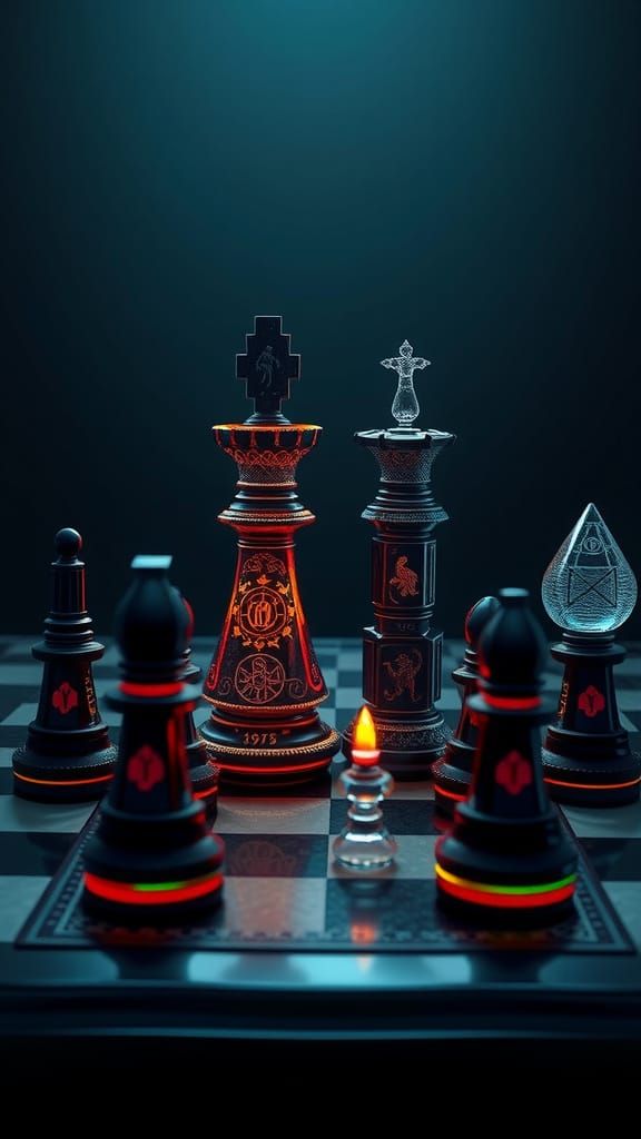Glass Chess Set on a Dark, Mystical Board in a Cyberpunk Art...