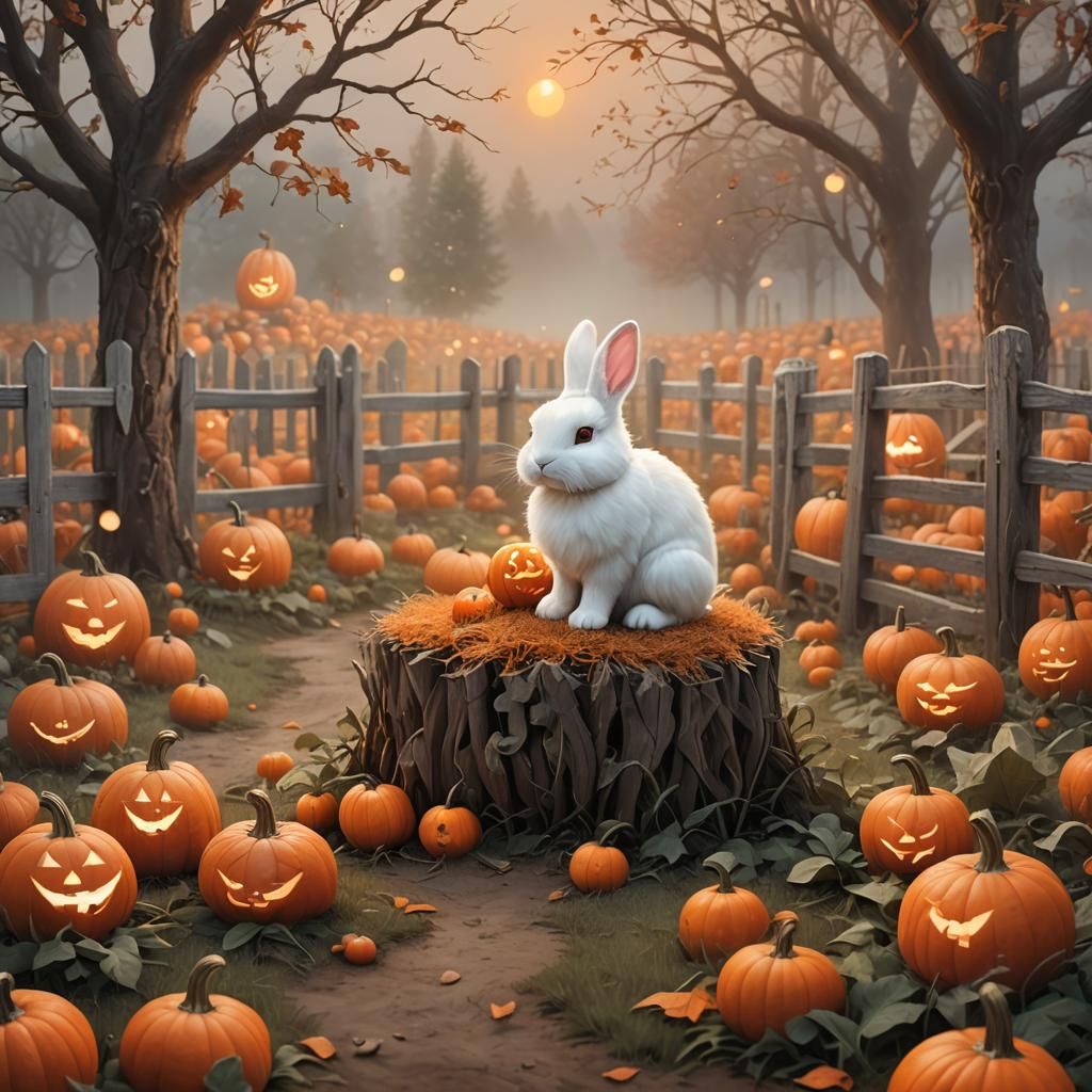 Jack-O'-Lantern Bunny in Misty Pumpkin Patch