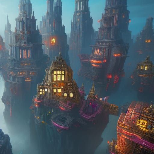 Fantastical Floating City in Detailed Digital Painting