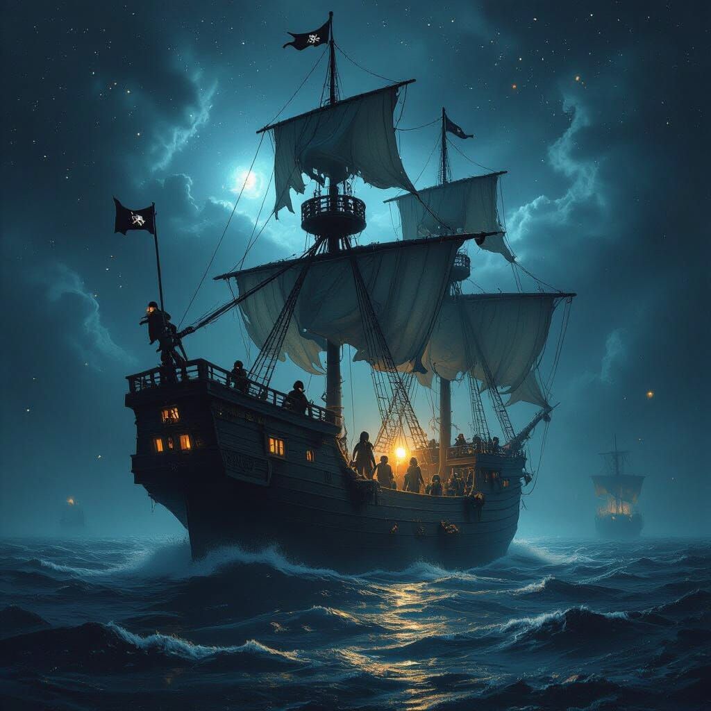 Ghostly Pirate Ship Sails Through Starry Sea