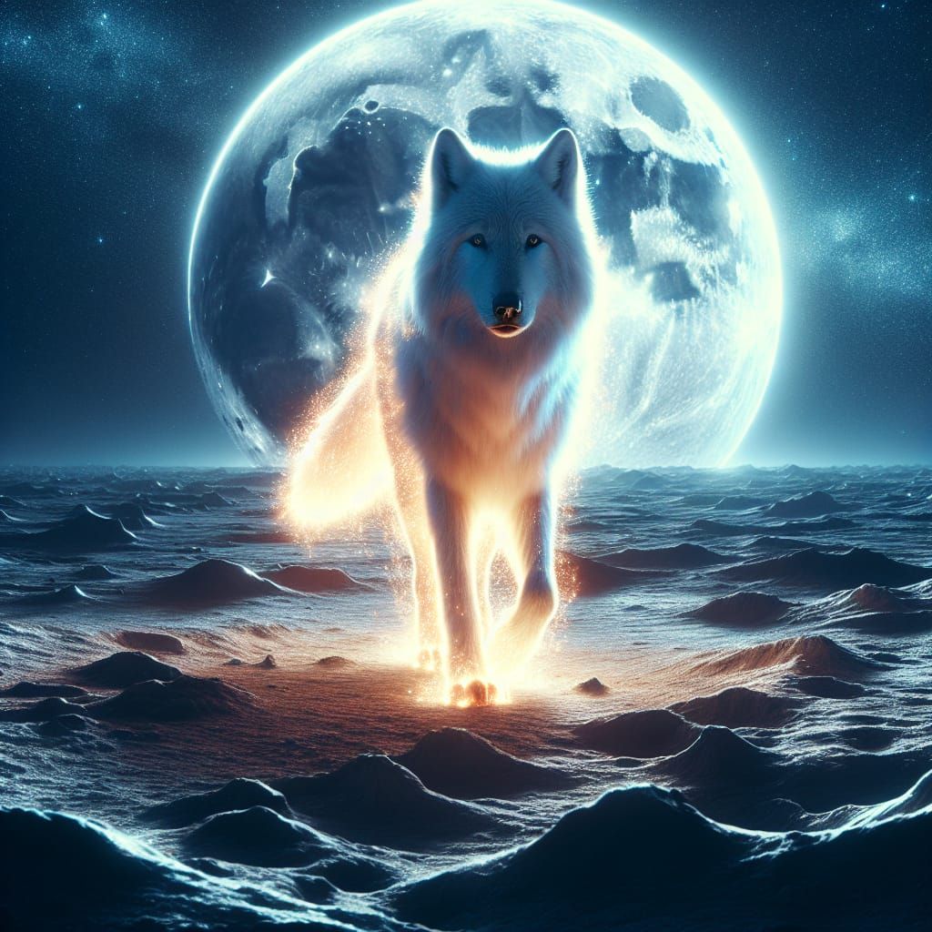 Glowing Wolf Walks on the Moon