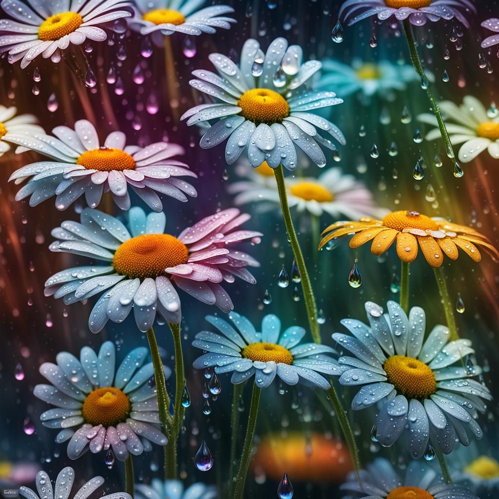 Rainbow Daisies with Waterdrops: Hyperrealistic Digital Art