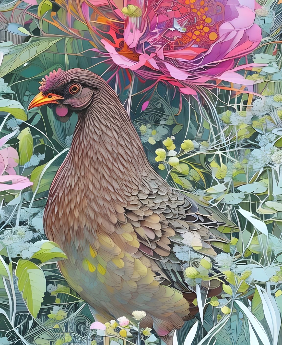 Hen in Blooming Garden: Digital Art Portrait