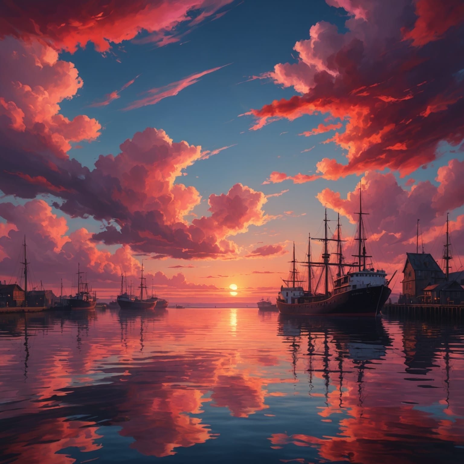 Vibrant Sunset Over Sea Port: Acrylic Painting