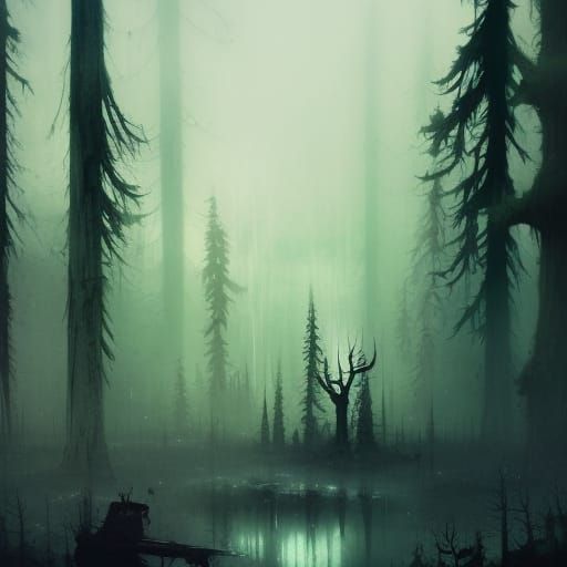 Haunted Forest with Skeletal Spirits in Fine Art Style