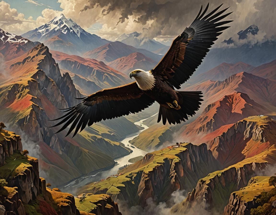 Condor Flight Over Andes in Folk Art Style