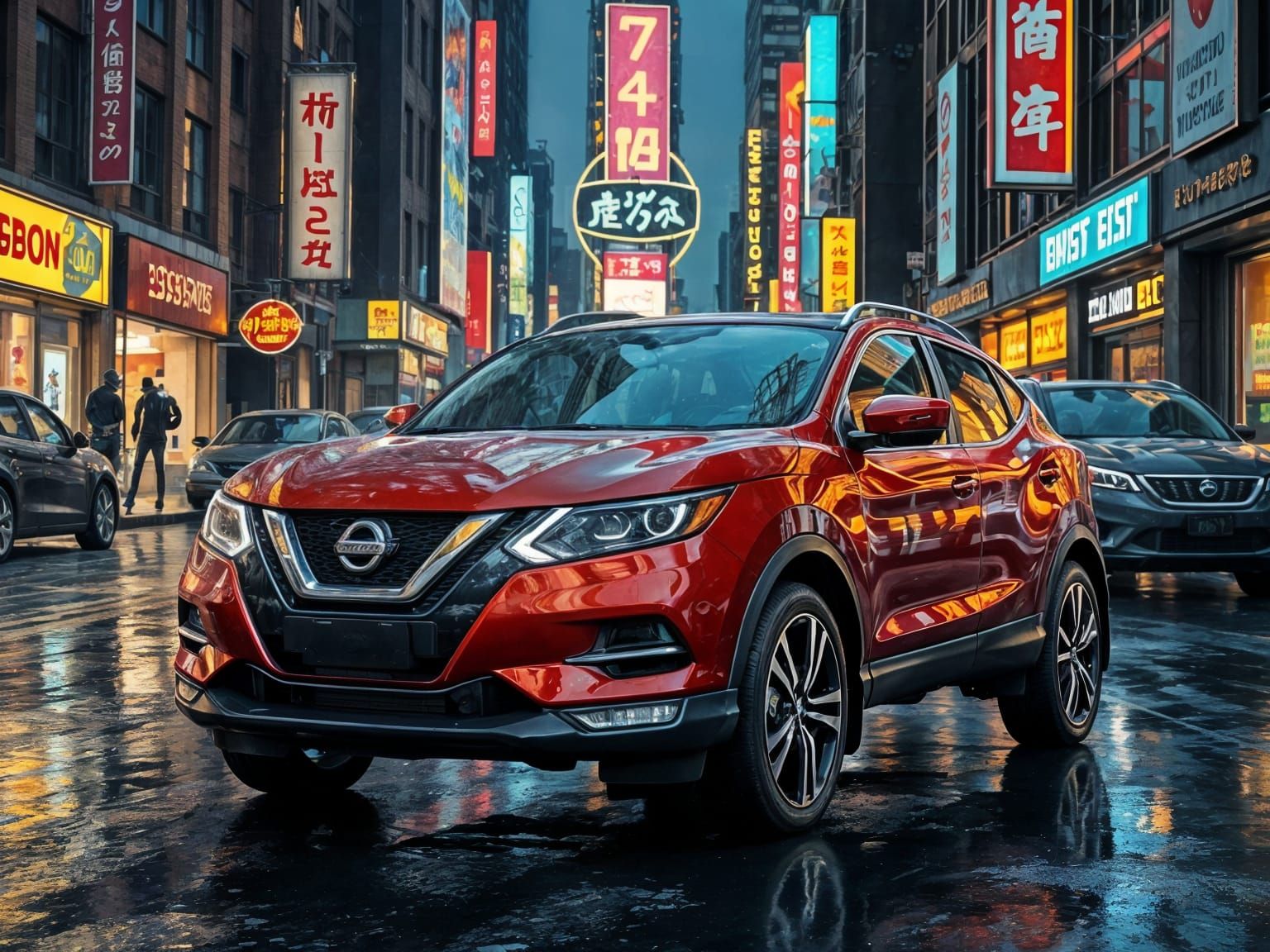 Cyberpunk Nissan Qashqai in Rainy Neon City