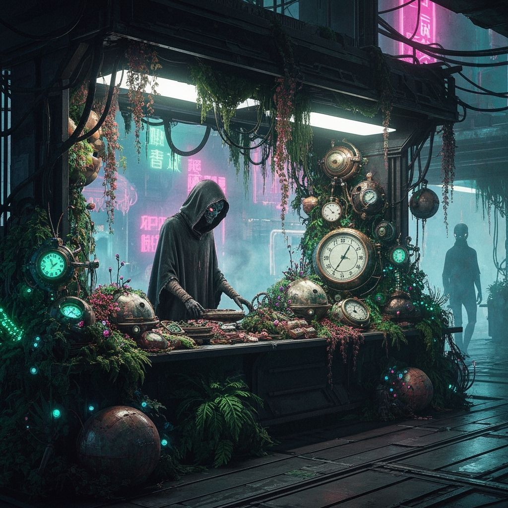 Cyberpunk Alien Marketplace with Bioluminescent Flora