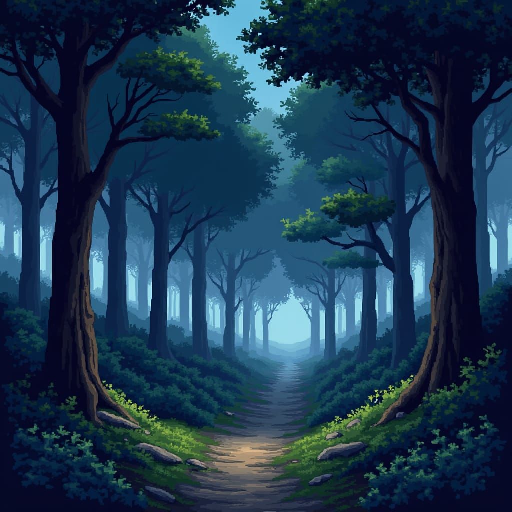 16-bit Dark Forest Scroller Game Scene