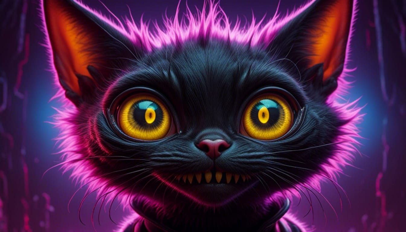 Evil Cyborg Cat Portrait in a Neon Cityscape